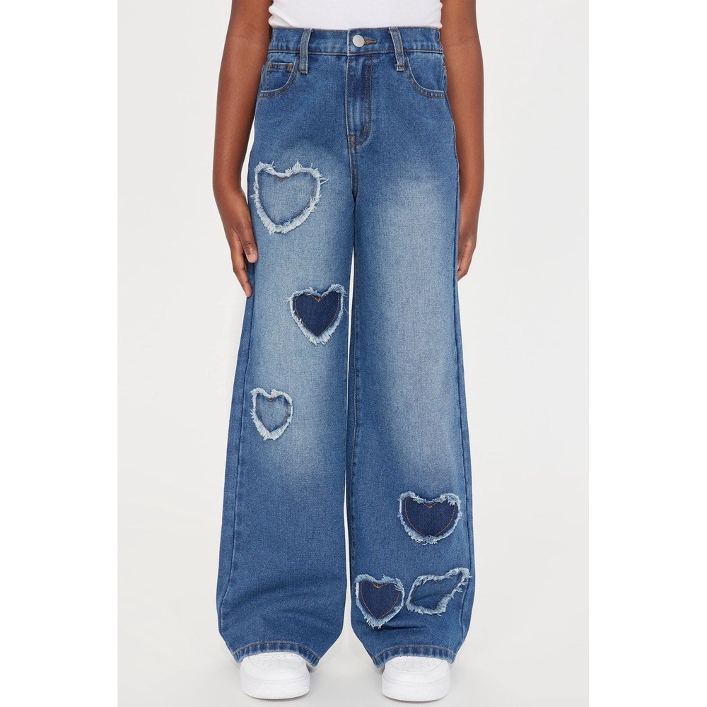Unbranded Heart patchwork Wide Leg Jeans Medium Wash Denim Blue‎ Baggy Trendy S